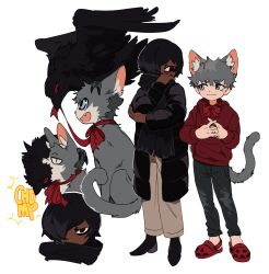Rule 34 | 2boys, :3, animal ear fluff, animal ears, animalization, bird, black coat, black hair, black pants, black scarf, blue eyes, brown eyes, brown pants, cat, cat boy, cat ears, cat tail, closed mouth, coat, commentary, crocs, crow, dark-skinned male, dark skin, deviidog0, english commentary, english text, full body, grey hair, hair over one eye, hands up, highres, hood, hood down, hoodie, light-skinned palms, long sleeves, looking at another, looking at viewer, male focus, multiple boys, neck ribbon, original, own hands together, pants, rabbit+tank form (black hazard), red eyes, red footwear, red hoodie, ribbon, scarf, short eyebrows, short hair, sound effects, standing, tail, very dark skin, very short hair, white background