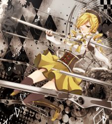 Rule 34 | 10s, 1girl, argyle, argyle background, argyle clothes, bad id, bad pixiv id, beret, blonde hair, boots, breasts, broken glass, checkered background, corset, drill hair, fingerless gloves, glass, gloves, gun, hair ornament, hat, heart, highres, magical girl, magical musket, mahou shoujo madoka magica, mahou shoujo madoka magica (anime), noka (blackheart1118), one eye closed, pleated skirt, puffy sleeves, rifle, skirt, smile, solo, thighhighs, tomoe mami, weapon, wink, yellow eyes