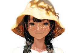 Rule 34 | 1girl, backlighting, bare shoulders, black hair, blush, braid, brown eyes, brown hat, closed mouth, collarbone, commentary request, dappled sunlight, hair over shoulder, hat, long hair, looking at viewer, maeya susumu, original, portrait, shade, simple background, smile, solo, strapless, sunlight, twin braids, twintails, white background