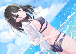 Rule 34 | 1girl, ass, bikini, black hair, blue eyes, blurry, blurry background, blush, breasts, cloud, cloudy sky, collarbone, floral print, from side, hand on own hip, highres, idolmaster, idolmaster shiny colors, kazano hiori, long hair, long sleeves, looking at viewer, medium breasts, mole, mole under mouth, ocean, open clothes, open mouth, open shirt, parted lips, purple bikini, shirt, sky, solo, standing, sunlight, swimsuit, toretate saburou, white shirt