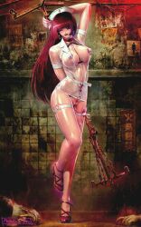 Rule 34 | 1girl, 2boys, ;), artist name, barbed wire, blood, breasts, choker, cleavage, cleft of venus, collar, cross, cross necklace, dirt, earrings, english text, female focus, female pubic hair, functionally nude, garter belt, happy, hat, high heels, highres, ito masahiro, iv stand, japanese text, jewelry, long hair, medium breasts, multiple boys, necklace, no bra, nurse, nurse cap, object insertion, one eye closed, original, pantyhose, pink hair, pubic hair, purple hair, pussy, red hair, revealing clothes, rust, see-through, sex toy, signature, smile, vaginal, vaginal object insertion, very long hair, vibrator, weapon, wink