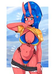 Rule 34 | 1girl, absurdres, bikini, black shorts, blue eyes, blue hair, breasts, cinna (taggo), clothes lift, colored skin, denim, denim shorts, grin, highres, horns, large breasts, long hair, looking at viewer, navel, oni, oni horns, original, parted lips, pointy ears, ponytail, red skin, shirt lift, short shorts, shorts, sidelocks, smile, solo, swimsuit, taggo, teeth