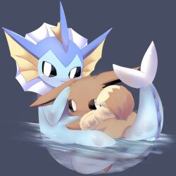 Rule 34 | :&lt;, closed mouth, commentary request, creatures (company), eevee, floating, full body, game freak, gen 1 pokemon, grey background, lets0020, looking at viewer, nintendo, no humans, pokemon, pokemon (creature), simple background, smile, vaporeon, water