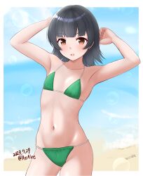 Rule 34 | 1girl, ame-san, arare (kancolle), armpits, arms up, beach, bikini, blue eyes, breasts, brown eyes, commentary request, contrapposto, cowboy shot, dated, green bikini, highres, horizon, kantai collection, looking at viewer, ocean, short hair, small breasts, solo, standing, swimsuit, twitter username