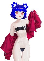 Rule 34 | 1girl, :d, absurdres, animal ears, bare shoulders, blue hair, blunt bangs, blush, breasts, collarbone, covered navel, cowboy shot, double vertical stripe, fang, gluteal fold, gris (vertigris), gris swimsuit, highleg, highleg swimsuit, highres, jacket, looking at viewer, meme attire, navel, off shoulder, one-piece swimsuit, open clothes, open jacket, open mouth, original, pale skin, red eyes, red jacket, see-through, see-through one-piece swimsuit, short hair, small breasts, smile, standing, strapless, strapless one-piece swimsuit, swimsuit, thigh gap, undressing, vertigris, water drop, wet, white background