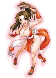 Rule 34 | 1girl, armpits, arms up, breasts, brown eyes, brown hair, cleavage, folded fan, hand fan, fatal fury, folding fan, full body, hida tatsuo, high ponytail, holding, large breasts, leaning forward, legs, loincloth, long hair, looking at viewer, pelvic curtain, ponytail, red theme, revealing clothes, rope, shiranui mai, smile, snk, solo, the king of fighters