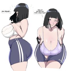 Rule 34 | 1girl, alternate ass size, alternate breast size, athletic shorts, belly, black hair, blush, boruto: naruto next generations, bra, breasts, cleavage, curvy, english text, hanging breasts, headphones, huge breasts, hyuuga hinata, purple eyes, leaning forward, looking at viewer, mature female, naruto (series), one eye closed, plump, short hair, shorts, simple background, smile, sports bra, standing, text focus, thick thighs, thighs, ultivlad, underwear, white background