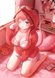 Rule 34 | 1girl, absurdres, animal hood, bed, blush, breasts, cat hood, cat tail, cellphone, cleavage, collarbone, green eyes, hair ornament, hairclip, heart, heart-shaped pillow, highres, hololive, hood, hoodie, kintoki (sakura miko), large breasts, long hair, looking at viewer, nyan (reinyan 007), on bed, one eye closed, open mouth, pajamas, phone, photo (object), picture frame, pillow, pink hair, sakura miko, sakura miko (1st costume), seiza, sitting, sleepy, smartphone, solo, sunlight, tail, usada pekora, usada pekora (1st costume), virtual youtuber, waking up