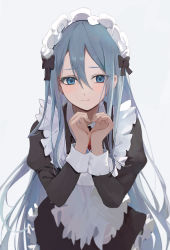 Rule 34 | 1girl, 25-ji nightcord de. (project sekai), absurdres, alternate costume, black bow, black dress, black sleeves, blue eyes, blue hair, bow, closed mouth, commentary, dot nose, dress, enmaided, fingernails, forehead, frilled dress, frills, hair bow, heart, heart hands, highres, juliet sleeves, light blush, long hair, long sleeves, maid, maid headdress, parted bangs, project sekai, puffy sleeves, simple background, solo, split mouth, tomura2maru, very long hair, white background, yoisaki kanade
