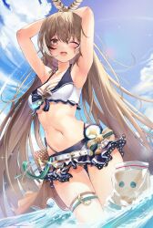 Rule 34 | 1girl, absurdres, ahoge, armpits, arms behind head, arms up, bikini, bikini skirt, blue sky, blush, breasts, brown bikini, brown eyes, brown hair, brown ribbon, cloud, collarbone, feather hair ornament, feathers, friend (nanashi mumei), hair ornament, hairclip, highres, holocouncil, hololive, hololive english, lens flare, long hair, looking at viewer, lukas reule, multicolored hair, nanashi mumei, navel, one eye closed, open mouth, outdoors, partially submerged, ponytail, ribbon, skirt, sky, smile, solo, stomach, streaked hair, swimsuit, thighs, very long hair, virtual youtuber, water, wet, ziploc bag