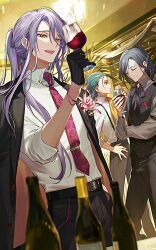 Rule 34 | 3boys, :d, alcohol, ascot, belt, belt buckle, black belt, black gloves, black hair, black jacket, black pants, black ribbon, black vest, blonde hair, bottle, boutonniere, bracelet, braid, brooch, buckle, bungou to alchemist, charles baudelaire (bungou to alchemist), closed eyes, collar chain (jewelry), collared shirt, cowboy shot, cup, drinking glass, floral print, formal, gloves, green hair, grey shirt, hair between eyes, hair pulled back, hair ribbon, hand in pocket, hand on own arm, hand on own hip, holding, holding cup, indoors, itefu, jacket, jacket on shoulders, jewelry, lapels, light purple hair, long bangs, long hair, long sleeves, looking at viewer, low ponytail, lowres, male focus, multicolored hair, multiple boys, nagai kafuu (bungou to alchemist), neck ribbon, necktie, notched lapels, official art, open mouth, pants, pink necktie, pink ribbon, plant, ponytail, print necktie, purple eyes, red wine, ribbon, rose print, shelf, shirt, sidelocks, single braid, sleeve garter, sleeves rolled up, smile, standing, streaked hair, suspenders, swept bangs, tanizaki junichirou (bungou to alchemist), third-party source, tie clip, vest, white shirt, wine, wine bottle, wine cellar, wine glass, wine rack, yellow ascot, yellow eyes