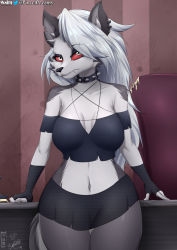 Rule 34 | 1girl, animal ears, breasts, collar, furry, helluva boss, highres, long hair, loona (helluva boss), navel, piercing, red eyes, signature, studded collar, tail, viejillox, white hair, wolf ears, wolf tail