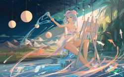 Rule 34 | 1girl, bare shoulders, blue eyes, blue hair, blush, breasts, cleavage, fanghx, haiyi, highres, light blue hair, looking away, medium breasts, medium hair, mountain, open mouth, paint can, paintbrush, panties, signature, sky, smile, synthesizer v, thighs, underwear, water