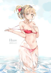 Rule 34 | 1girl, absurdres, ahoge, areola slip, artist name, bare arms, bare shoulders, bikini, blonde hair, blush, breasts, cleavage, closed mouth, collarbone, commentary request, covering privates, covering breasts, dated, dema hmw, hair ribbon, hair rings, has bad revision, has downscaled revision, highres, large breasts, long hair, looking at viewer, md5 mismatch, navel, original, ponytail, red bikini, resolution mismatch, ribbon, ripples, see-through, sidelocks, simple background, smile, solo, source smaller, standing, stomach, strap pull, swimsuit, thighs, wading, water, wet, white background, yellow eyes