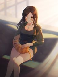 Rule 34 | 1girl, animal, animal on lap, bare legs, black hair, blush, breasts, cat, cleavage, collarbone, couch, denim, denim shorts, feet out of frame, green jacket, highres, idolmaster, idolmaster cinderella girls, jacket, large breasts, lens flare, light particles, light smile, looking at animal, mukai takumi, on couch, on lap, parted bangs, shangzi, short shorts, shorts, sitting, solo, sunlight, twitter username