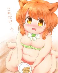Rule 34 | 1girl, animal ears, bad id, bad pixiv id, belly, blush, bra, breasts, cleavage, d:, fat, food, gradient background, highres, medium breasts, munimuni kinoko, navel, open mouth, original, plate, plump, sitting, solo, tears, thick arms, translation request, underwear, wariza