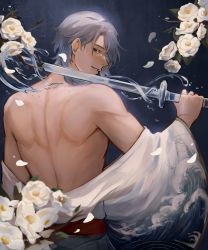 Rule 34 | 1boy, back, back focus, bare arms, bare back, bare shoulders, blue hair, dark background, flower, genshin impact, highres, japanese clothes, kamisato ayato, long sleeves, looking at viewer, male focus, muscular, muscular male, nokkusuart, smile, sword, twitter username, upper body, water, weapon, white flower