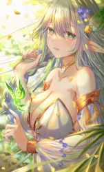 Rule 34 | 1girl, bare shoulders, blue flower, blurry, blurry background, blush, breasts, cleavage, collarbone, commentary request, cross-shaped pupils, crystalfly (genshin impact), detached sleeves, dress, elf, falling petals, flower, genshin impact, gold choker, gold trim, gradient hair, green eyes, green hair, green nails, hair between eyes, hair ornament, hand up, highres, holding, holding hair, index finger raised, kinom (sculpturesky), large breasts, leaf hair ornament, long hair, long sleeves, multicolored hair, nahida (genshin impact), nail polish, outdoors, parted lips, petals, pointy ears, rukkhadevata (genshin impact), sidelocks, smile, solo, spoilers, strapless, strapless dress, symbol-shaped pupils, two-tone hair, upper body, white dress, white hair, white sleeves