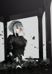 Rule 34 | 1girl, 2b (nier:automata), android, black dress, black hairband, blue eyes, breasts, closed mouth, commentary, dress, english commentary, facing viewer, falling feathers, falling leaves, feather-trimmed sleeves, feathers, flower, gloves, grey background, hairband, hand on own chest, highres, juliet sleeves, leaf, long sleeves, medium breasts, mintbreak, mole, mole under mouth, nier:automata, nier (series), pink lips, puffy sleeves, silver hair, solo, standing, vambraces