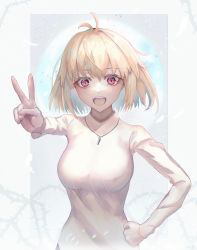 Rule 34 | 1girl, :d, absurdres, antenna hair, arcueid brunestud, artist name, blonde hair, blush, border, breasts, camellia (s kamellia), hand on own hip, hand up, highres, jewelry, looking at viewer, medium breasts, necklace, open mouth, outside border, plant, red eyes, short hair, signature, slit pupils, smile, solo, sweater, taut clothes, taut sweater, thorns, tsukihime, tsukihime (remake), turtleneck, turtleneck sweater, v, victory pose, vines, white sweater