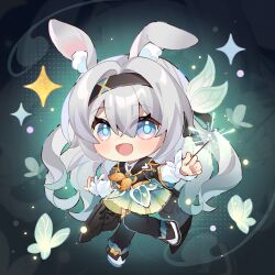 Rule 34 | 1girl, animal ears, aqua skirt, black footwear, black jacket, black sailor collar, black thighhighs, blue eyes, boots, bug, butterfly, chenli noki, chibi, cropped jacket, firefly (honkai: star rail), fireworks, full body, gold trim, gradient hair, gradient skirt, hashtag-only commentary, highres, holding, holding fireworks, honkai: star rail, honkai (series), insect, jacket, long hair, long sleeves, looking at viewer, multicolored hair, neckerchief, open mouth, rabbit ears, sailor collar, sidelocks, skirt, smile, solo, sparkle, thighhighs, very long hair, white hair, yellow neckerchief, yellow skirt, zoom layer