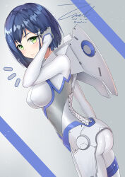 Rule 34 | 1girl, adjusting hair, arm at side, artist name, ass, asymmetrical hair, blue bodysuit, bob cut, bodysuit, breasts, clip studio paint (medium), closed mouth, commentary, cowboy shot, darling in the franxx, dated, dutch angle, from behind, from side, green eyes, grey background, hair ornament, hairclip, hand up, hood, hood down, ichigo (darling in the franxx), impossible bodysuit, impossible clothes, light blush, light particles, looking back, looking to the side, loose hair strand, medium breasts, notice lines, pilot suit, signature, skin tight, solo, swept bangs, symbol-only commentary, twitter username, two-tone bodysuit, unel, white bodysuit
