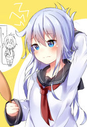 Rule 34 | 0 0, 2girls, :d, ?, absurdres, anchor symbol, black sailor collar, blue eyes, blue hair, blush, closed mouth, collarbone, commentary request, dreamusun, folded ponytail, hair between eyes, hand mirror, hibiki (kancolle), highres, holding, holding mirror, inazuma (kancolle), kantai collection, long hair, long sleeves, mirror, multiple girls, neckerchief, open door, open mouth, pleated skirt, red neckerchief, sailor collar, school uniform, serafuku, shirt, skirt, sleeves past wrists, smile, solo focus, very long hair, wavy mouth, white shirt