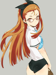 Rule 34 | 00s, ass, bag, black one-piece swimsuit, bloomers, blouse, bow, brown eyes, brown hair, collared shirt, glasses, hair bow, idolmaster, idolmaster (classic), idolmaster 1, kawata hisashi, looking back, minase iori, necktie, no pants, one-piece swimsuit, rough time school, school swimsuit, school uniform, serafuku, shirt, solo, swimsuit, swimsuit under clothes, underwear, white shirt