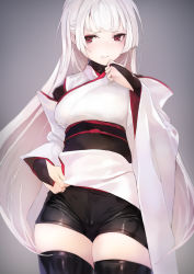 Rule 34 | 1girl, bike shorts, black thighhighs, blunt bangs, blush, breasts, bridal gauntlets, closed mouth, clothes lift, cowboy shot, detached sleeves, from below, gradient background, grey background, hand on own face, highres, japanese clothes, kimono, kimono lift, long sleeves, looking at viewer, looking down, medium breasts, obi, original, sash, shiny clothes, silver hair, solo, standing, straight hair, taishi (picchiridou), thighhighs, thighs, white kimono, wide sleeves