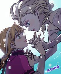 Rule 34 | 2girls, anna (frozen), asura (chowollee), asura (pixiv1443337), bad id, bad pixiv id, blonde hair, braid, elsa (frozen), eye contact, floating, frozen (disney), holding hands, imminent kiss, incest, interlocked fingers, looking at another, multiple girls, orange hair, siblings, single braid, sisters, tears, twin braids, upper body, yuri