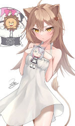 Rule 34 | 2girls, :t, ahoge, anger vein, animal ears, bare arms, bare shoulders, blush, breasts, brown hair, character doll, closed mouth, collarbone, commentary request, dress, frilled dress, frills, hair intakes, highres, indie virtual youtuber, lion ears, lion girl, lion tail, lolo (vtuber), long hair, looking at viewer, multiple girls, pout, rurudo lion, rurudo lion (1st costume), signature, simple background, sleeveless, sleeveless dress, small breasts, solo focus, sparkle, stuffed animal, stuffed lion, stuffed toy, sundress, tail, very long hair, virtual youtuber, white background, white dress, z.m. (zimin)