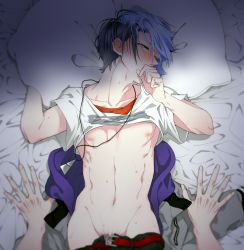 Rule 34 | 2boys, aoyagi touya, bed, belt, blue hair, clothes pull, highres, hood, jacket, jewelry, looking at viewer, male focus, mochi noue, multicolored hair, multiple boys, muscular, necklace, pants, pants pull, pillow, project sekai, shirt, short hair, split-color hair, t-shirt, two-tone hair, yaoi
