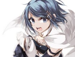 Rule 34 | 1girl, black sleeves, blue eyes, blue hair, blurry, blurry foreground, cape, collarbone, detached sleeves, floating hair, frills, gloves, highres, holding, holding weapon, long sleeves, looking at viewer, mahou shoujo madoka magica, mahou shoujo madoka magica (anime), miki sayaka, misteor, open mouth, short hair, solo, swept bangs, v-shaped eyebrows, weapon, white background, white gloves