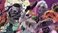 Rule 34 | 1boy, 1girl, absurdres, apex legends, apex legends mobile, back hair, bare tree, black bodysuit, black gloves, blue eyes, bodysuit, bossan 3310, cable, clothing cutout, copyright name, fade (apex legends), fingerless gloves, gloves, gradient hair, grey overalls, gun, halloween, handgun, heterochromia, highres, holding, holding gun, holding weapon, jack-o&#039;-lantern, leaning forward, logo, long bangs, looking at viewer, mask, moon, multicolored hair, nail polish, navel, nessie (respawn), non-humanoid robot, official art, overalls, p2020 (pistol), patchwork skin, pink hair, promotional art, red nails, rhapsody (apex legends), robot, rowdy (apex legends), sticker, stomach cutout, swept bangs, tree, weapon, white hair, yellow eyes, zombie