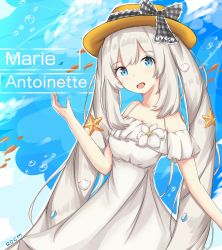 Rule 34 | 1girl, :d, artist name, bare shoulders, blue eyes, blush, bow, breasts, brown hat, character name, cleavage, commentary, dress, fate/grand order, fate (series), grey bow, grey ribbon, hand up, hat, hat bow, hat ribbon, head tilt, long hair, looking at viewer, marie antoinette (fate), marie antoinette (swimsuit caster) (second ascension) (fate), off-shoulder dress, off shoulder, open mouth, plaid, plaid bow, plaid ribbon, ribbon, rocm (nkkf3785), shell hair ornament, sidelocks, silver hair, small breasts, smile, solo, starfish hair ornament, sundress, twintails, very long hair, white dress