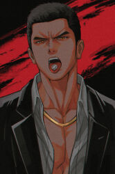 Rule 34 | 1boy, character request, frown, genandnak, gold necklace, jacket, jewelry, long sideburns, looking at viewer, male focus, necklace, open clothes, open jacket, open shirt, pectoral cleavage, pectorals, ryu ga gotoku, ryuu ga gotoku (series), screw, short hair, sideburns, solo, thick eyebrows, tongue, tongue out, upper body, yakuza
