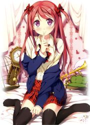 Rule 34 | 1girl, absurdres, black thighhighs, blazer, blush, bow, bowtie, cage, card, clock, finger to mouth, hair bow, highres, instrument, jacket, kantoku, kurumi (kantoku), long hair, off shoulder, original, plaid, plaid bow, plaid bowtie, plaid neckwear, plaid skirt, playing card, pleated skirt, purple eyes, red hair, scan, sitting, skirt, smile, solo, thighhighs, trumpet, two side up, wariza, zettai ryouiki