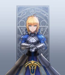 Rule 34 | 1girl, absurdres, ahoge, armor, armored dress, artoria pendragon (all), artoria pendragon (fate), blonde hair, commentary, dress, excalibur (fate/stay night), fate/stay night, fate (series), gauntlets, green eyes, hair ribbon, highres, looking at viewer, nayamer, ribbon, saber (fate), short hair, solo, sword, weapon