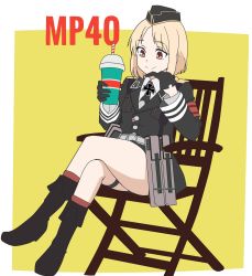 Rule 34 | 1girl, armband, bad id, bad twitter id, black footwear, black gloves, black necktie, blonde hair, boots, brown eyes, buttons, chair, cross, drinking straw, eyebrows, folding chair, garrison cap, girls&#039; frontline, gloves, half gloves, hand on own chin, hat, highres, holding, iron cross, knee boots, korean commentary, military, military hat, military uniform, milkshake, mp40 (girls&#039; frontline), necktie, nose, pouch, sheath, short hair, simple background, sitting, smile, solo, thigh strap, uniform, wani (perfect han)