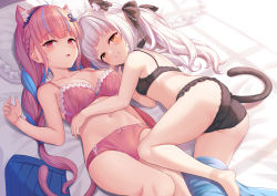 Rule 34 | 2girls, animal ears, ass, bare shoulders, black bra, black panties, black ribbon, blue hair, blunt bangs, blush, bra, braid, breasts, cat ears, cat tail, cleavage, collarbone, colored inner hair, drill hair, french braid, hair ribbon, hairband, highres, holding hands, hololive, large breasts, long hair, looking at viewer, lying, milkshakework, minato aqua, multicolored hair, multiple girls, murasaki shion, navel, on back, on bed, on side, open mouth, panties, pillow, pink bra, pink panties, purple eyes, purple hair, ribbon, sidelocks, silver hair, smile, tail, thighs, twin drills, twintails, two-tone hair, underwear, virtual youtuber, yellow eyes
