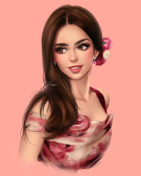 Rule 34 | 1girl, bare shoulders, brown eyes, brown hair, close-up, cropped torso, earrings, facing viewer, flower, hair flower, hair ornament, hair over shoulder, jewelry, lily collins, lips, long hair, looking to the side, parted lips, pink background, portrait, real life, simple background, smile, solo, teeth, umigraphics