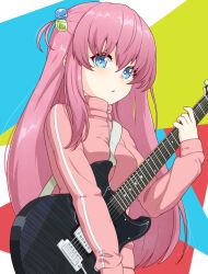 Rule 34 | 1girl, ada badguy, blue eyes, bocchi the rock!, breasts, cube hair ornament, gotoh hitori, guitar, hair between eyes, hair ornament, highres, holding, holding instrument, instrument, jacket, large breasts, long hair, looking at viewer, one side up, pink hair, pink jacket, solo, track jacket, upper body