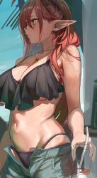 Rule 34 | 1girl, absurdres, bikini, breasts, character request, collarbone, copyright request, drinking straw, earrings, glass, glasses, highres, horns, isabella (marse), jewelry, large breasts, long hair, marse (rokudaime), mole, mole on breast, mole under mouth, navel, necklace, red hair, shade, shorts, skindentation, sky, solo, sweat, swimsuit, unzipped
