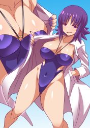 Rule 34 | 1girl, blue background, blush, breasts, cleavage, covered navel, creatures (company), curvy, game freak, gluteal fold, gradient background, highleg, highleg swimsuit, highres, jewelry, konno tohiro, lab coat, large breasts, looking at viewer, multiple views, nail polish, necklace, nintendo, one-piece swimsuit, open mouth, philena ivy, pokemon, pokemon (anime), purple eyes, purple hair, purple one-piece swimsuit, shiny skin, short hair, smile, standing, swimsuit