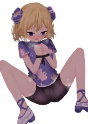 Rule 34 | 1girl, absurdres, bike shorts, blonde hair, blush, bound, bound wrists, breath, cameltoe, clenched hands, dress, ear blush, female focus, flat chest, floral print, flower, hair flower, hair ornament, half-closed eyes, hands up, highres, knees up, looking down, magia record: mahou shoujo madoka magica gaiden, mahou shoujo madoka magica, mitsuki felicia, nose blush, open mouth, own hands together, purple dress, purple eyes, purple flower, purple footwear, sakaemdg, shoes, short dress, short hair, short sleeves, sidelocks, simple background, sitting, solo, spread legs, steam, steaming body, sweat