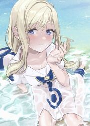 Rule 34 | 1girl, alicia florence, aria (manga), aria company uniform, artist request, blonde hair, blue eyes, blush, breasts, dress, hat, highres, long hair, looking at viewer, medium breasts, see-through, shore, sitting, smile, solo, water, wet, wet clothes, wet hair