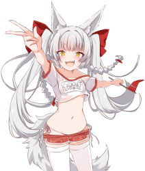 Rule 34 | 1girl, alternate costume, animal ear fluff, animal ears, asanagi (azur lane), azur lane, clothes pull, cowboy shot, fang, flag, fox ears, fox girl, fox tail, grey hair, gym shorts, gym uniform, highres, holding, holding flag, long hair, looking at viewer, mikuchi3939, open mouth, panties, red shorts, shirt, short sleeves, shorts, shorts pull, side-tie panties, simple background, smile, solo, standing, tail, thick eyebrows, thighhighs, twintails, underwear, v, very long hair, wet, wet clothes, wet shirt, white background, white panties, white shirt, white thighhighs, yellow eyes