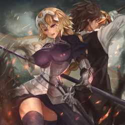 Rule 34 | 1boy, 1girl, absurdres, belt, braid, breasts, brown hair, chain, cowboy shot, couter, fate/apocrypha, fate (series), fire, gauntlets, gorget, highres, jeanne d&#039;arc (fate), jeanne d&#039;arc (ruler) (fate), large breasts, long hair, parted lips, plackart, plaster (2501), puffy sleeves, purple eyes, red eyes, sheath, sheathed, sieg (fate), single braid, standard bearer, standing, sword, thighhighs, very long hair, weapon, zettai ryouiki