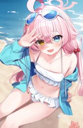 Rule 34 | 1girl, ahoge, animal, beach, bikini, blue archive, blue jacket, blush, breasts, chocola vt, clam, collarbone, day, eyewear on head, fang, feet out of frame, frilled bikini, frills, groin, hair between eyes, hair bobbles, hair ornament, halo, heterochromia, highres, hoshino (blue archive), hoshino (swimsuit) (blue archive), jacket, long hair, long sleeves, looking at viewer, low twintails, navel, ocean, official alternate costume, open clothes, open jacket, open mouth, outdoors, pink hair, pink halo, sitting, skin fang, small breasts, smile, solo, starfish, sunglasses, swimsuit, twintails, white bikini, yellow eyes