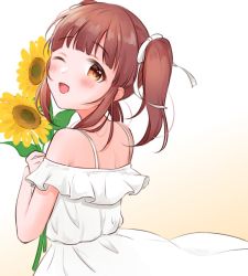 Rule 34 | 1girl, back, bare shoulders, blush, bow, dress, facing away, flower, frilled dress, frills, gradient background, hair bow, holding, holding flower, idolmaster, idolmaster cinderella girls, idolmaster cinderella girls starlight stage, looking at viewer, nagi 7g, ogata chieri, one eye closed, open mouth, orange eyes, red hair, sidelocks, solo, spaghetti strap, sundress, sunflower, twintails, white bow